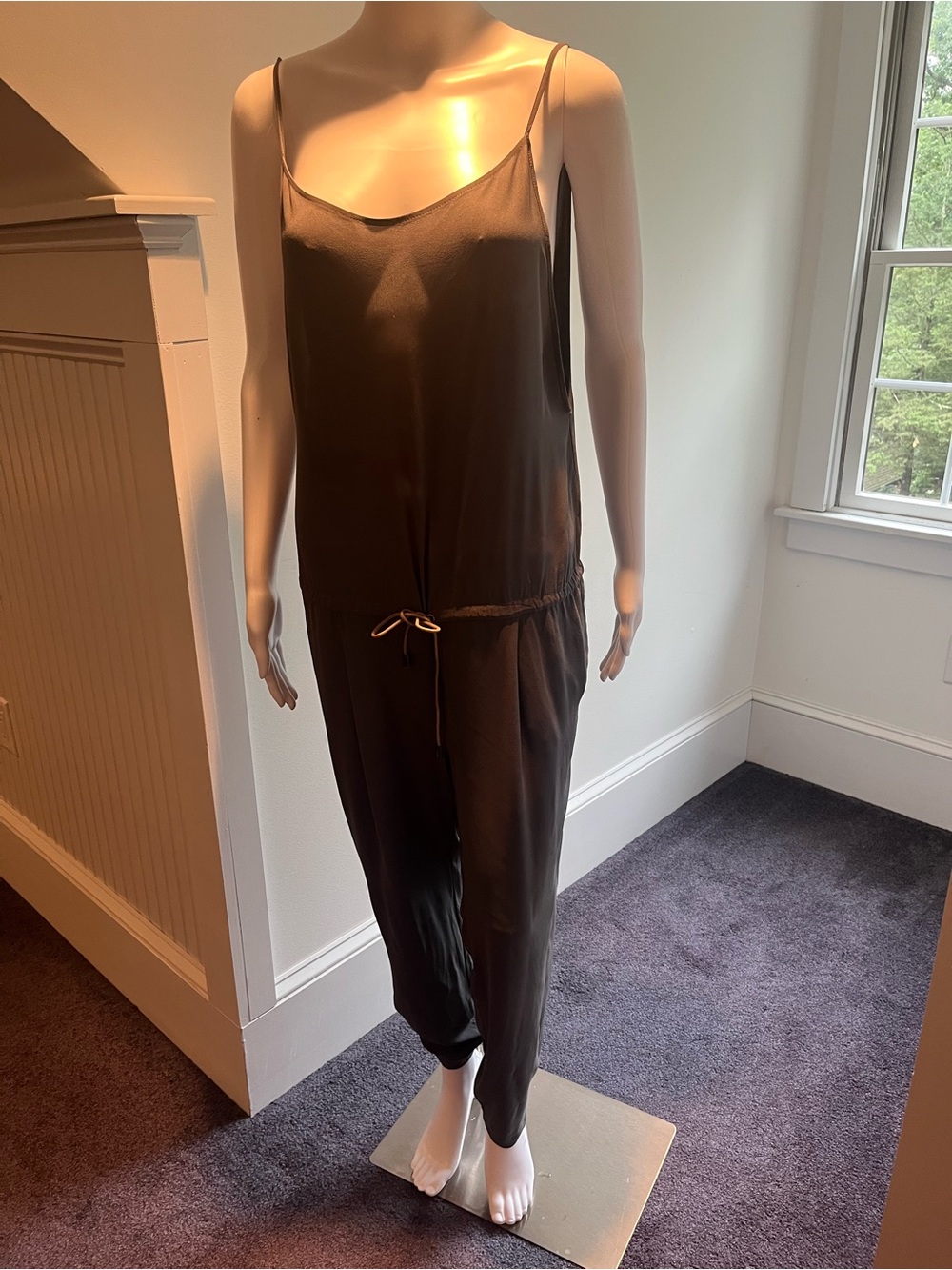 Brunello Cucinelli steel grey silk jumpsuit with leather waist tie - Picture 2 of 11